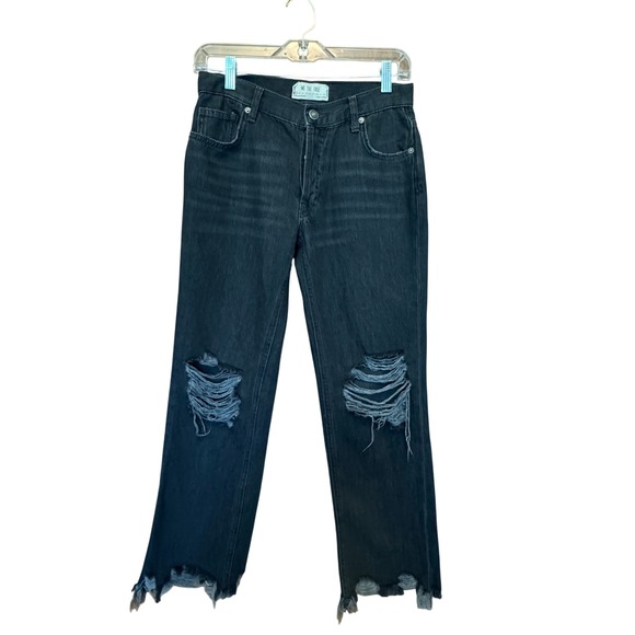 We The Free Denim - We The Free Jeans Maggie Mid Rise Straight Black 24 Distressed Frayed Button Fly